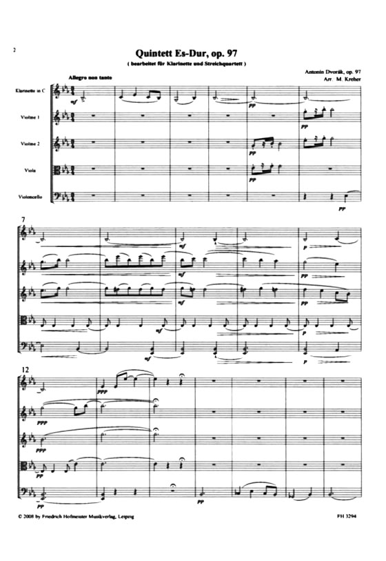 Antonin Dvorak【Quintett Es-Dur , Op. 97】bearbeitet für Klarinette und Streichquartett