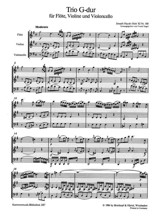 Haydn【Zwei Trios , Hob ⅩⅠ Nr. 100/Hob ⅩⅠ Nr. 82】für Flöte, Violine und Violoncello Haydn【Zwei Trios , Hob ⅩⅠ Nr. 100/Hob ⅩⅠ Nr. 82】für Flöte, Violine und Violoncello