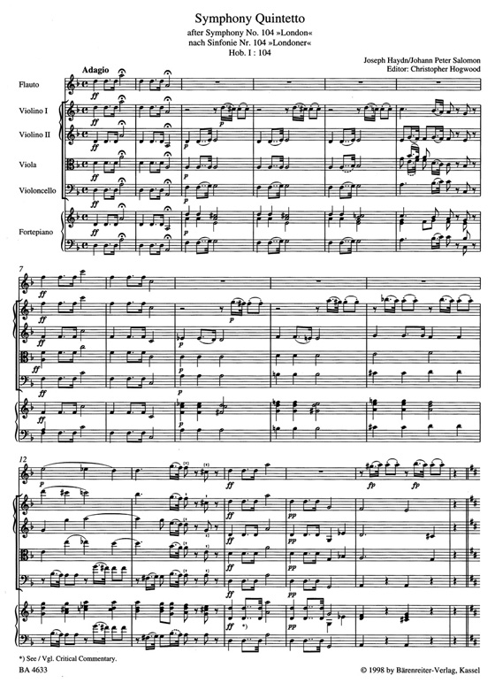 Haydn/Salomon【Symphony Quintetto】London/ Londoner , Hob. Ⅰ:104-D-dur/D major for Flute String Quartet Piano ad libitum Haydn/Salomon【Symphony Quintetto】London/ Londoner , Hob. Ⅰ:104-D-dur/D major for Flute String Quartet Piano ad libitum