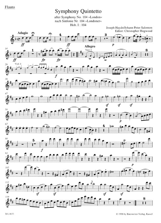Haydn/Salomon【Symphony Quintetto】London/ Londoner , Hob. Ⅰ:104-D-dur/D major for Flute String Quartet Piano ad libitum Haydn/Salomon【Symphony Quintetto】London/ Londoner , Hob. Ⅰ:104-D-dur/D major for Flute String Quartet Piano ad libitum