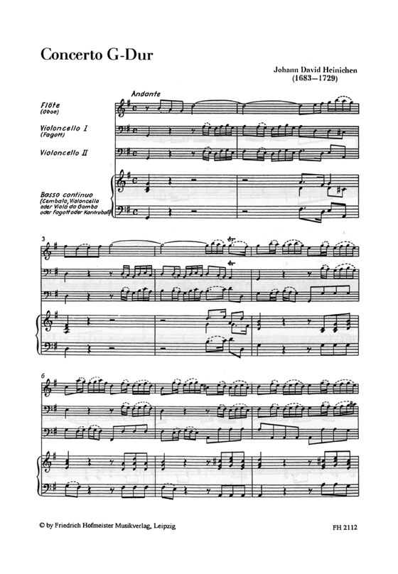 Johann David Heinichen【Concerto G-Dur】für Flöte (Oboe), 2 Violoncelli (Fagott und Violoncello) und Basso continuo