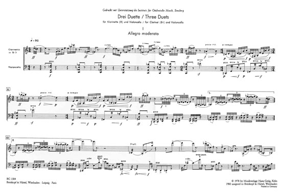 Hans Klaus Langer【Drei Duette】für Klarinette in B und Violoncello