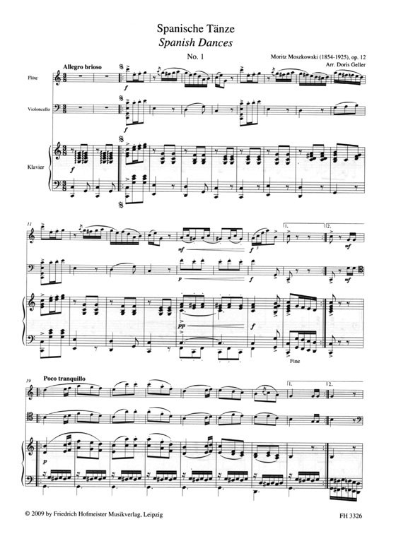 Moritz Moszkowski【Fünf Spanische Tänze】bearbeitet für Flöte, Violoncello und Klavier
