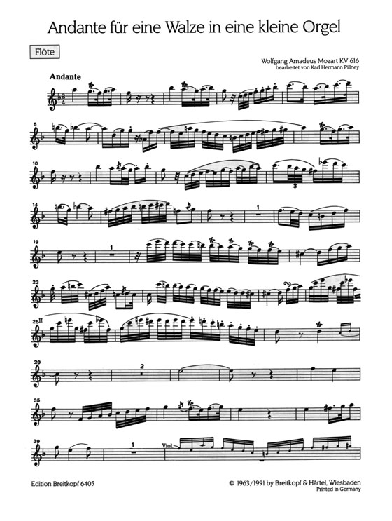 Mozart【Andante , KV 616】für Flöte, zwei Violinen, Viola und Cembalo ad lib.