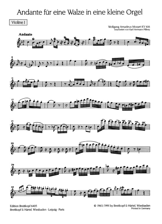 Mozart【Andante , KV 616】für Flöte, zwei Violinen, Viola und Cembalo ad lib.