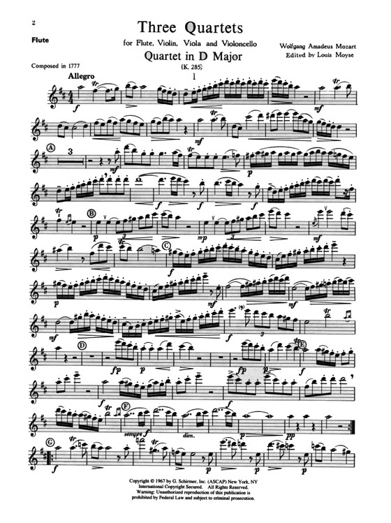 Mozart【Three Quartets (K.285, 285b, 298)】for Flute, Violin, Viola, Cello Mozart【Three Quartets (K.285, 285b, 298)】for Flute, Violin, Viola, Cello