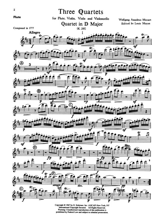 Mozart【Three Quartets (K.285, 285b, 298)】for Flute, Violin, Viola, Cello