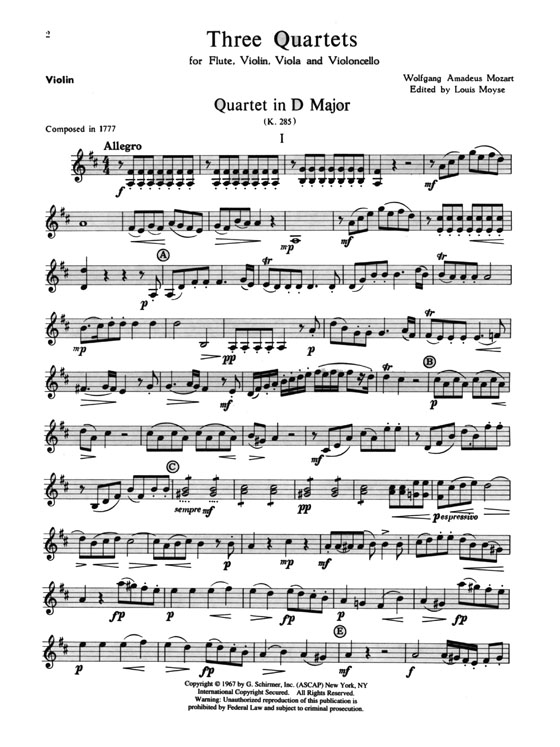 Mozart【Three Quartets (K.285, 285b, 298)】for Flute, Violin, Viola, Cello
