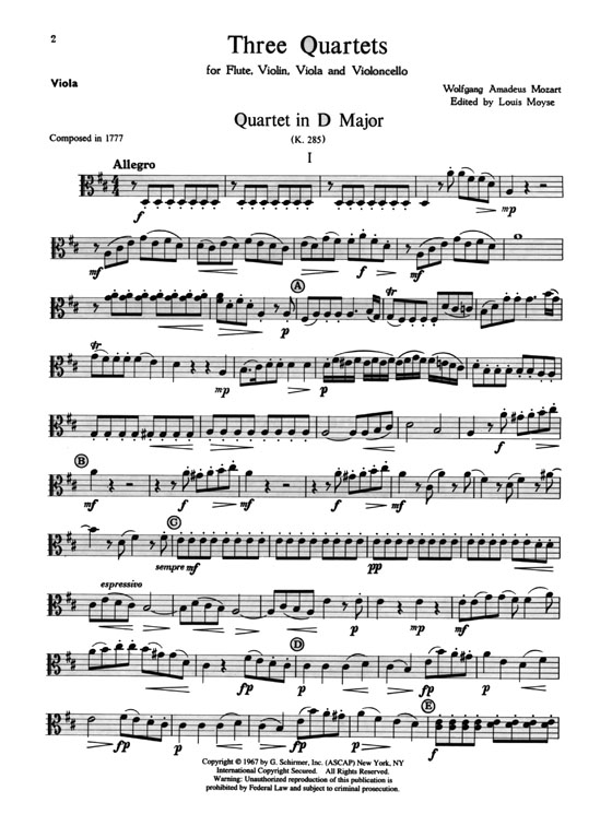 Mozart【Three Quartets (K.285, 285b, 298)】for Flute, Violin, Viola, Cello