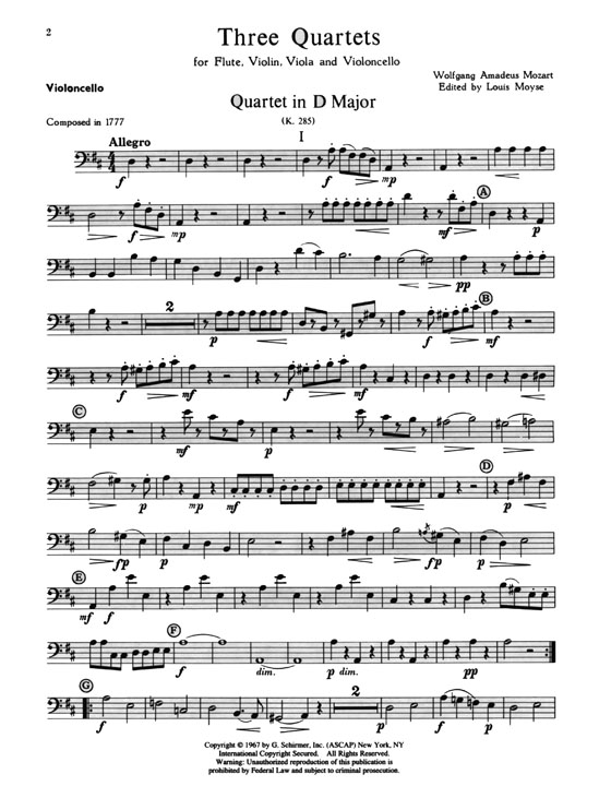 Mozart【Three Quartets (K.285, 285b, 298)】for Flute, Violin, Viola, Cello