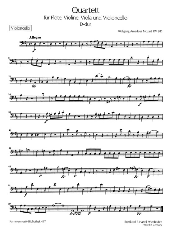 Mozart【Quartett D-dur , KV 285】für Flöte, Violine, Viola und Violoncello Mozart【Quartett D-dur , KV 285】für Flöte, Violine, Viola und Violoncello