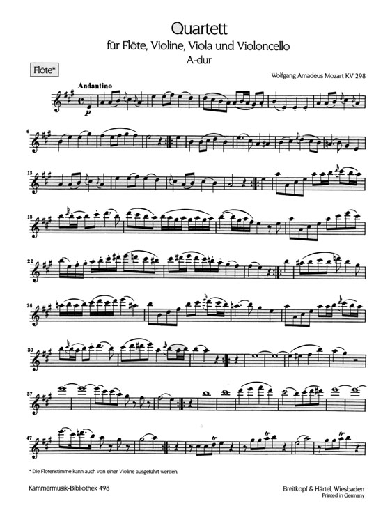 Mozart【Quartett A-dur , KV 298】für Flöte, Violine, Viola und Violoncello