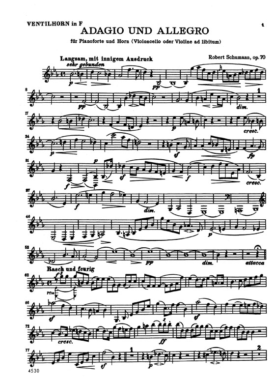 Schumann【Adagio and Allegro , Opus 70】for Horn, Violin or Cello and Piano