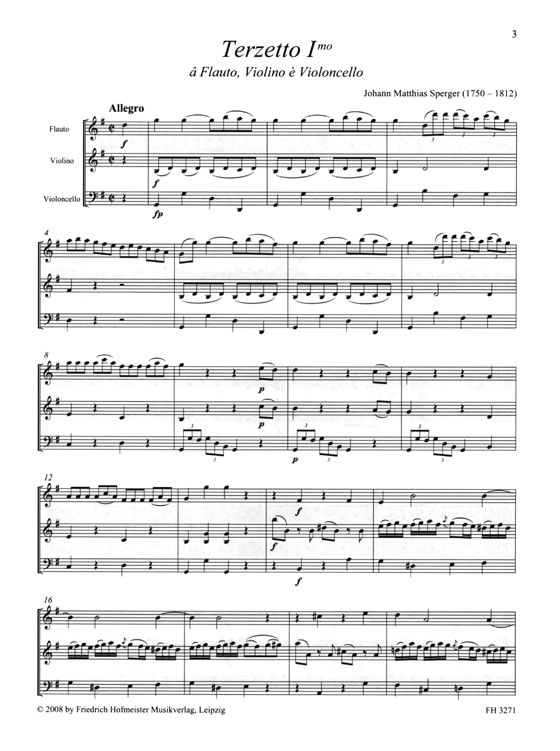 Johann Matthias Sperger【Terzetto Imo】a Flauto, Violino e Violoncello