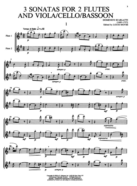 Domenico Scarlatti【3 Sonatas】for 2 Flutes and Viola／Cello／Bassoon