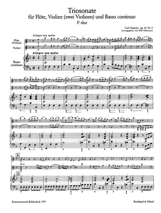 Carl Stamitz【Triosonate F-dur , Op. 14 Nr. 5】für Flöte, Violine (zwei Violinen) und Basso continuo