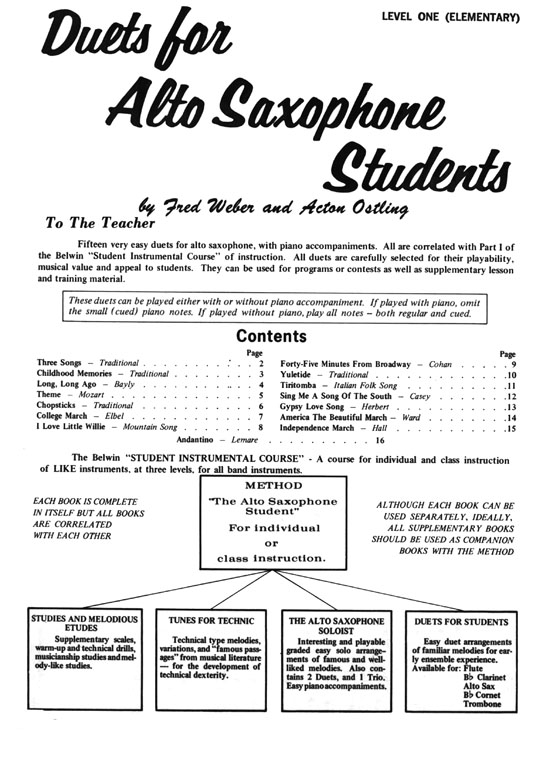 Student Instrumental Course【Duets For Alto Saxophone Students】Level One (Elementary)