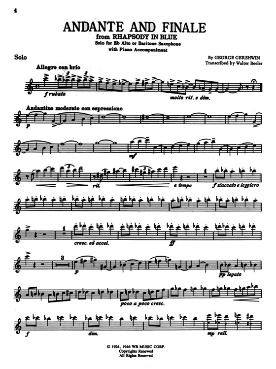 Andante and Finale from【George Gershwin' s】Rhapsody in Blue for instrumental Solo