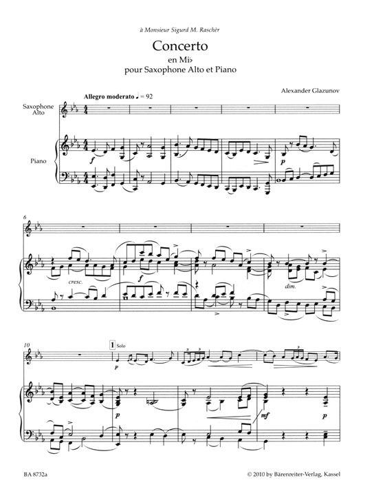 Glazunov【Konzert in Es , Op. 109】für Alt-Saxophon und Streichorchester , Klavierauszug／Piano Reduction