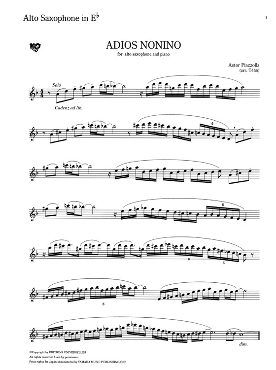 A.ピアソラ/啼鵬 アディオス‧ノニーノ for Alto Saxophone and Piano A.ピアソラ/啼鵬 アディオス‧ノニーノ for Alto Saxophone and Piano