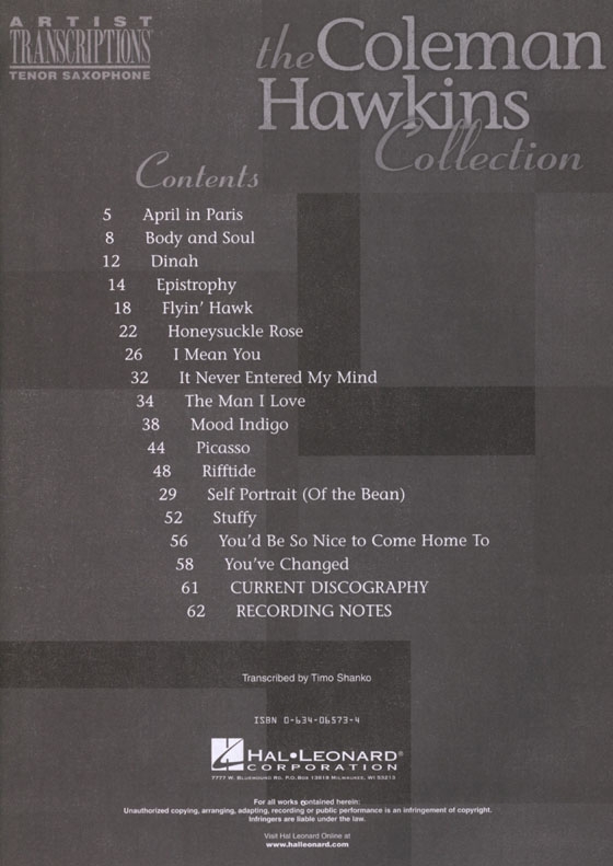 【The Coleman Hawkins Collection】Artist Transcriptions－Tenor Saxophone