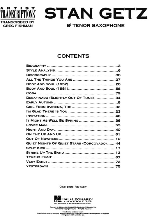 【Stan Getz】Artist Transcriptions‧B♭ Tenor Saxophone