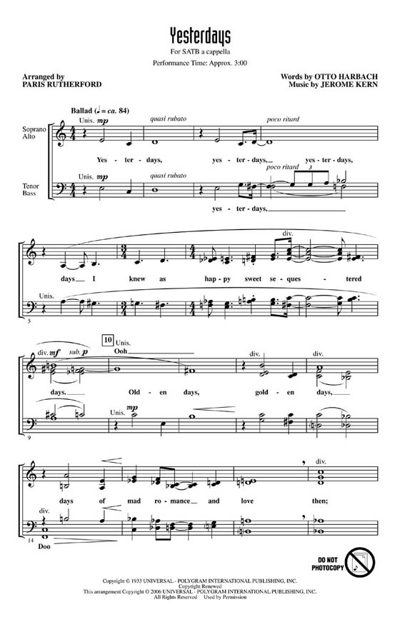 【Yesterdays】SATB A Cappella 【Yesterdays】SATB A Cappella