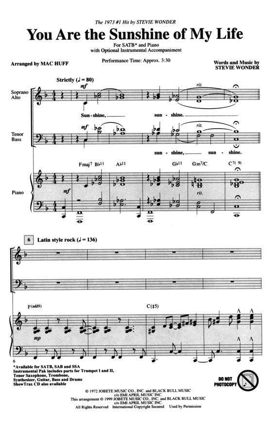 【You Are the Sunshine of My Life】SATB 【You Are the Sunshine of My Life】SATB