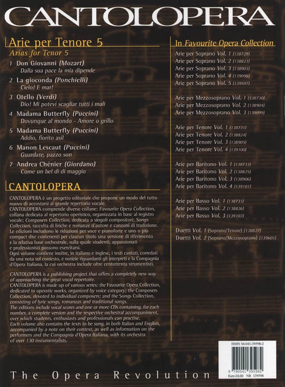 Cantolopera【CD+樂譜】Arie Per Tenore- Volume 5