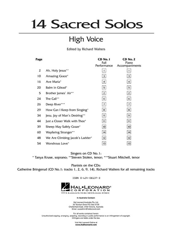 14 Sacred Solos【CD+樂譜】High Voice