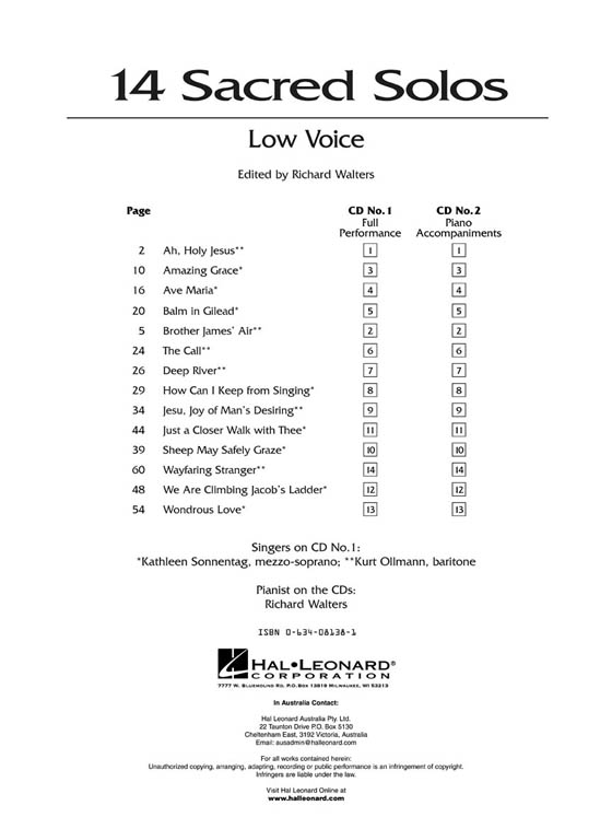 14 Sacred Solos【CD+樂譜】Low Voice