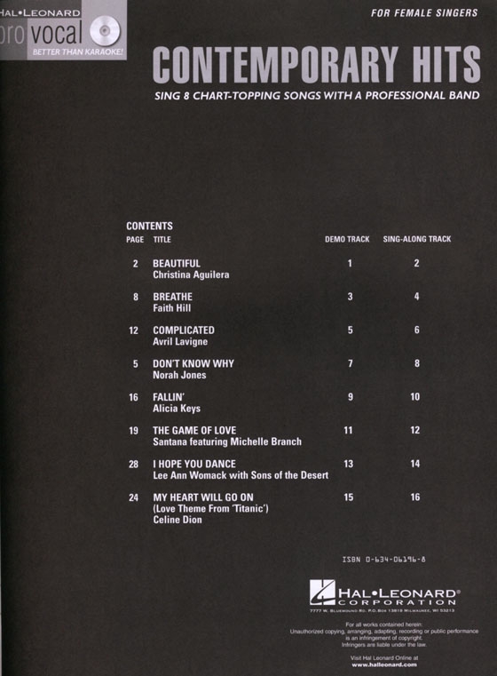 Contemporary Hits‧Women's Edition【CD+樂譜】Hal Leonard Pro Vocal‧Songbook & CD , Volume 3