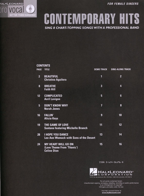 Contemporary Hits‧Women's Edition【CD+樂譜】Hal Leonard Pro Vocal‧Songbook & CD , Volume 3 Contemporary Hits‧Women's Edition【CD+樂譜】Hal Leonard Pro Vocal‧Songbook & CD , Volume 3