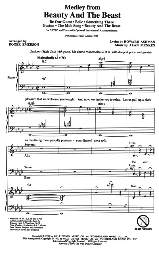Beauty and the Beast(Medley from Walt Disney's) SATB Beauty and the Beast(Medley from Walt Disney's) SATB