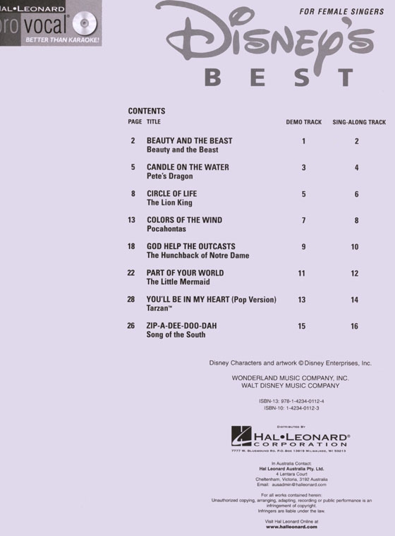 Disney's Best‧For Female Singers【樂譜+CD】Pro Vocal‧Songbook & CD Disney's Best‧For Female Singers【樂譜+CD】Pro Vocal‧Songbook & CD