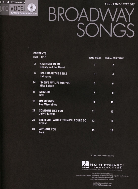 Broadway Songs‧Women's Edition【CD+樂譜】Hal Leonard Pro Vocal‧Songbook & CD , Volume 1 Broadway Songs‧Women's Edition【CD+樂譜】Hal Leonard Pro Vocal‧Songbook & CD , Volume 1