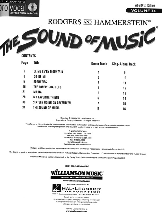 The Sound of Music‧Women's Edition【CD+樂譜】Hal Leonard Pro Vocal‧Songbook & CD , Volume 34