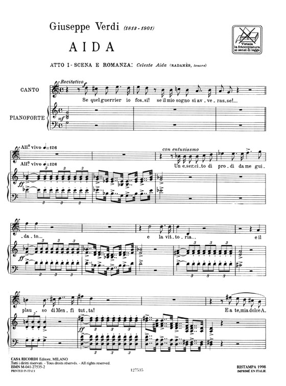 【Celebri Arie D'Opera】per Canto e Pianoforte , Tenore