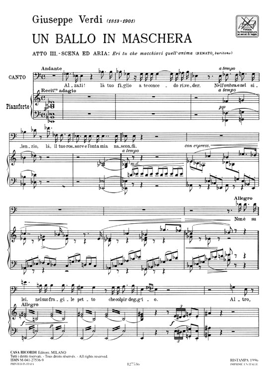 【Celebri Arie D'Opera】per Canto e Pianoforte , Baritono