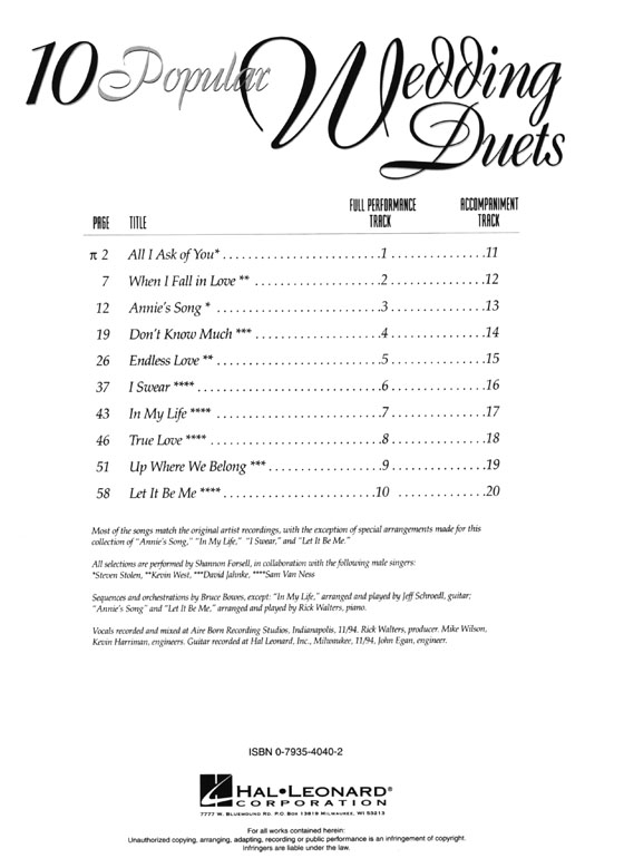 10 Popular Wedding Duets【CD+樂譜】 10 Popular Wedding Duets【CD+樂譜】