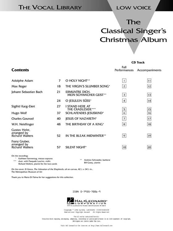 The Classical Singer's Christmas Album【CD+樂譜】Low Voice The Classical Singer's Christmas Album【CD+樂譜】Low Voice