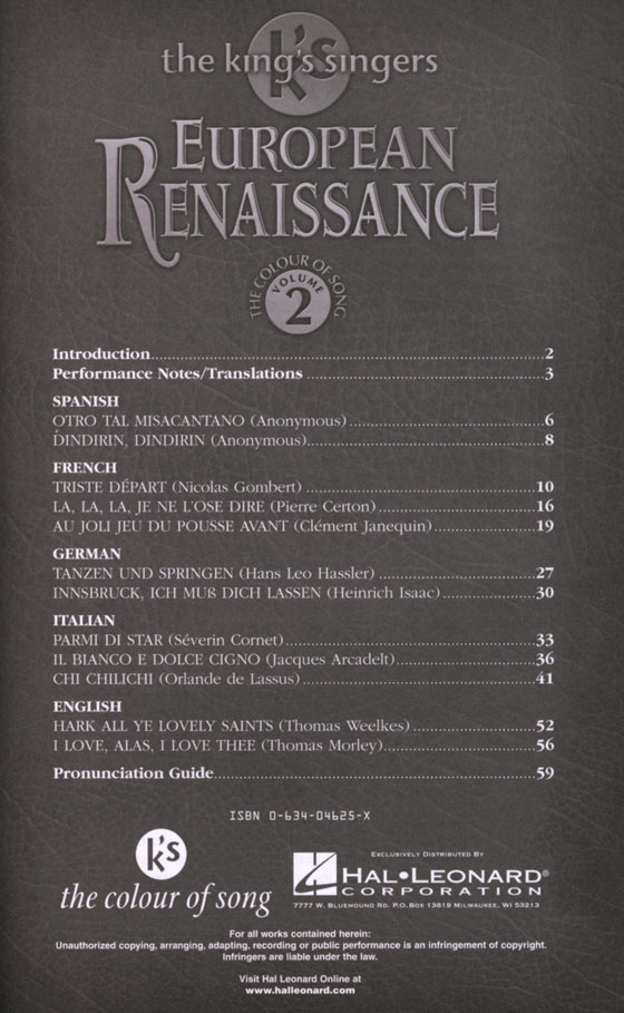 The King's Singers【European Renaissance】The Colour of Song , Volume 2 The King's Singers【European Renaissance】The Colour of Song , Volume 2