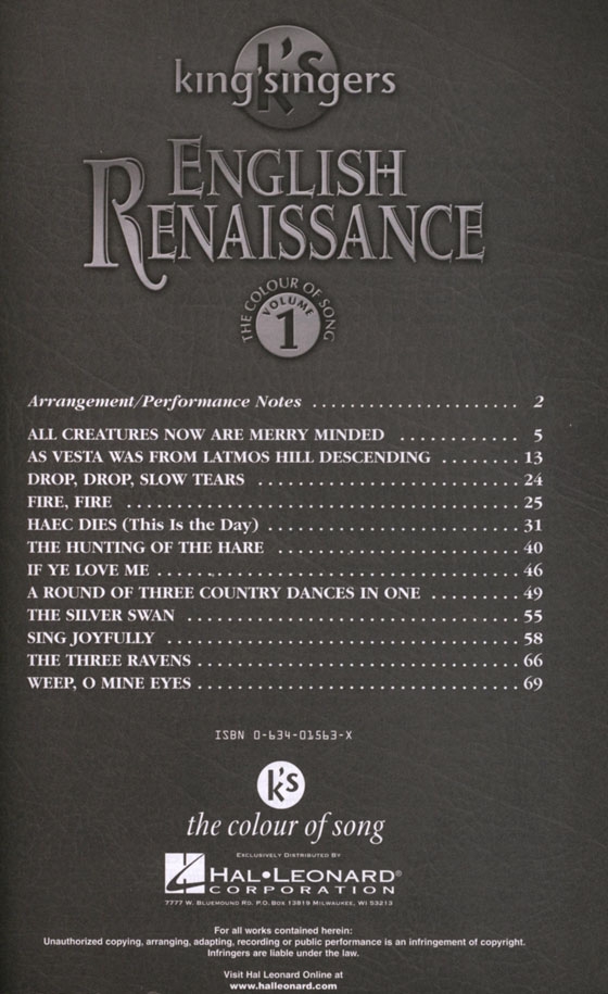 King'singers【English Renaissance】The Colour of Song , Volume 1 (SATB div. Collection) King'singers【English Renaissance】The Colour of Song , Volume 1 (SATB div. Collection)