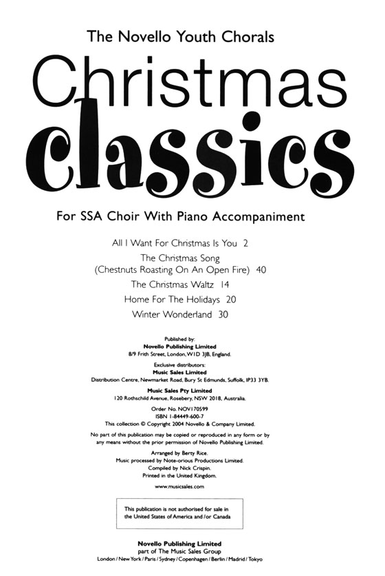 The Novello Youth Chorals: Christmas Classics For SSA Choir With Piano Accompaniment