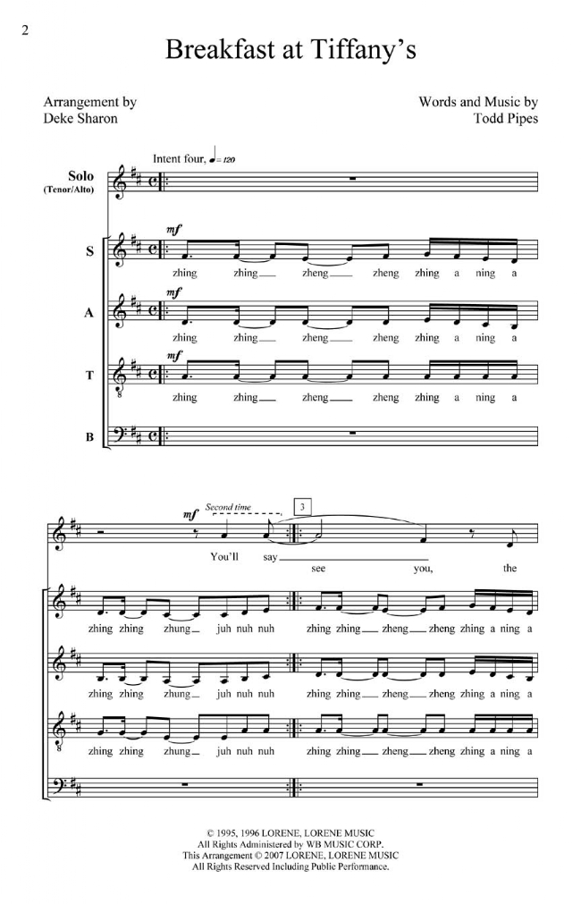 【Breakfast at Tiffany's】SATB W／Solo A Cappella