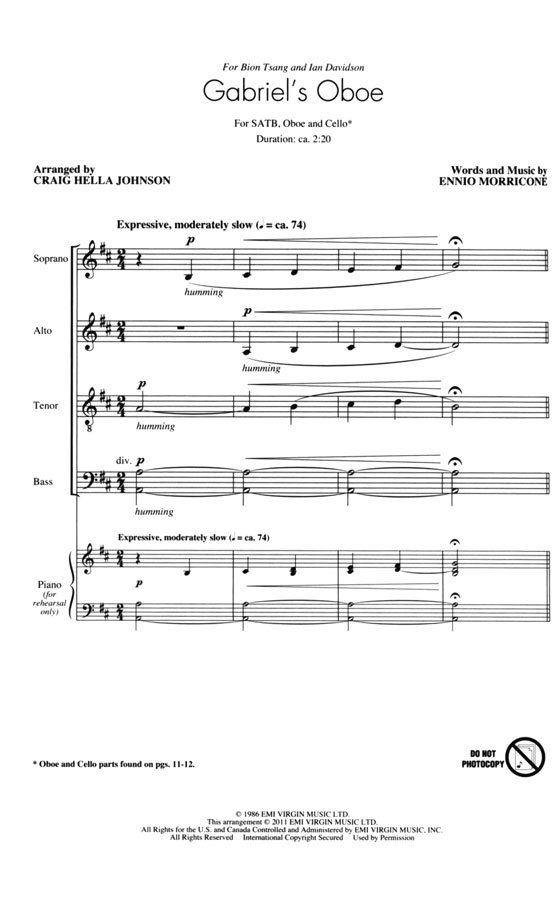 【Gabriel's Oboe】SATB, Oboe and Cello