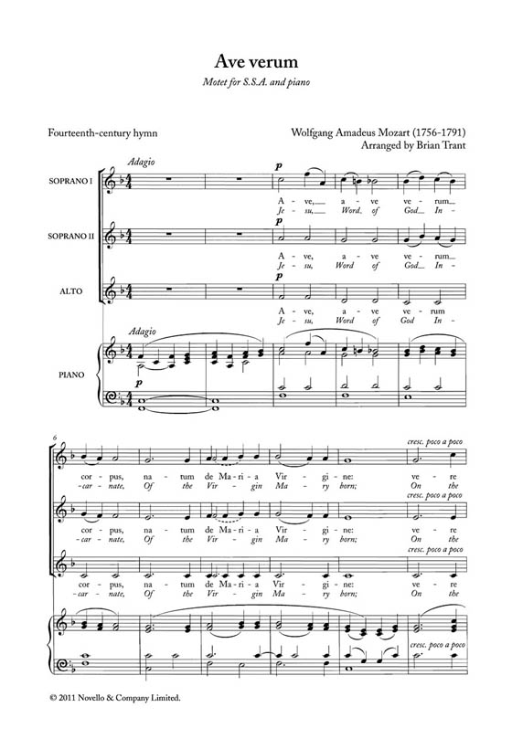 Wolfgang Amadeus Mozart【Ave Verum】SSA／Piano