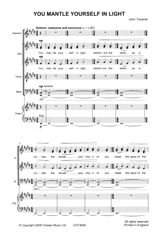 John Tavener【Five Anthems from the Veil of the Temple】for SATB Chorus and Organ