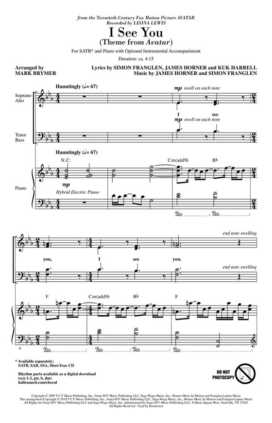 I See You (Theme from Avatar) SATB I See You (Theme from Avatar) SATB