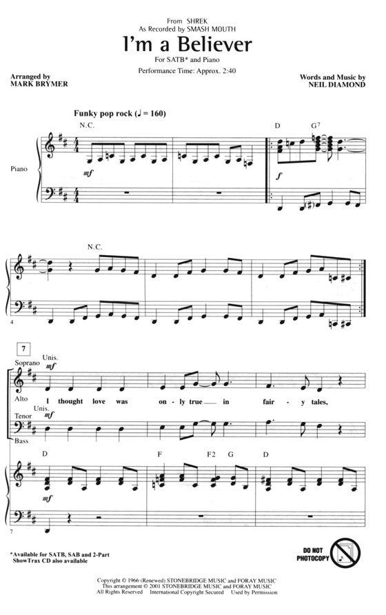 I'm a Believer (from Shrek) SATB I'm a Believer (from Shrek) SATB
